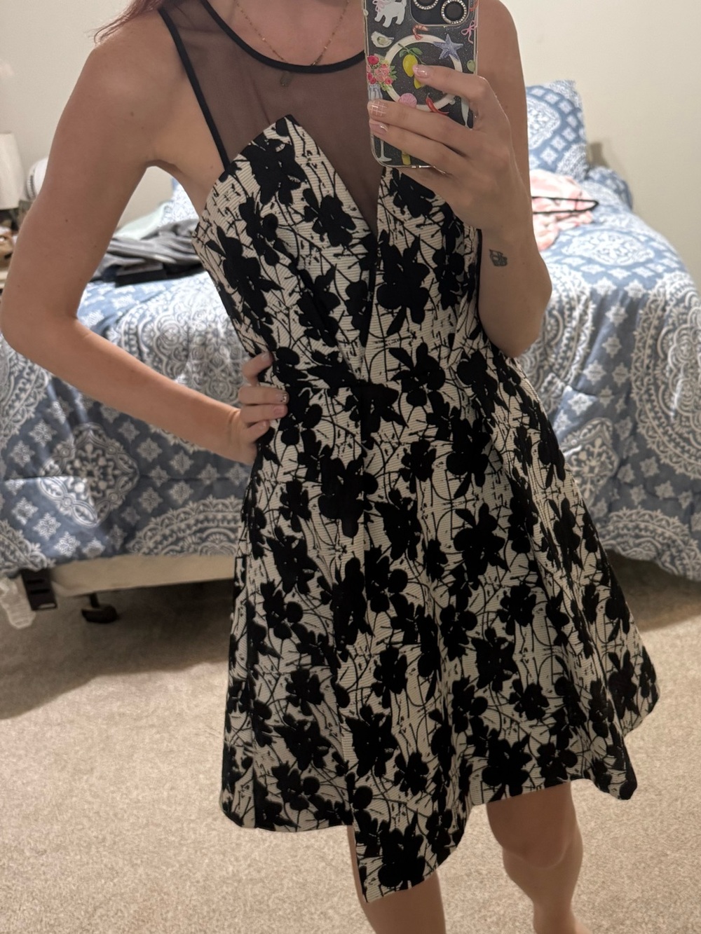 BCBGeneration Black and White Floral Mesh Fit-and-Flare Mini Dress